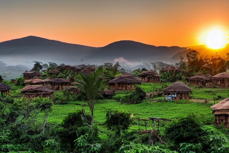 Bình minh trên ngôi làng Oromo truyền thống với những túp lều tranh tròn, thể hiện cảnh quan xanh tươi của Ethiopia, thể hiện khung cảnh thanh bình cho nghi lễ cà phê.