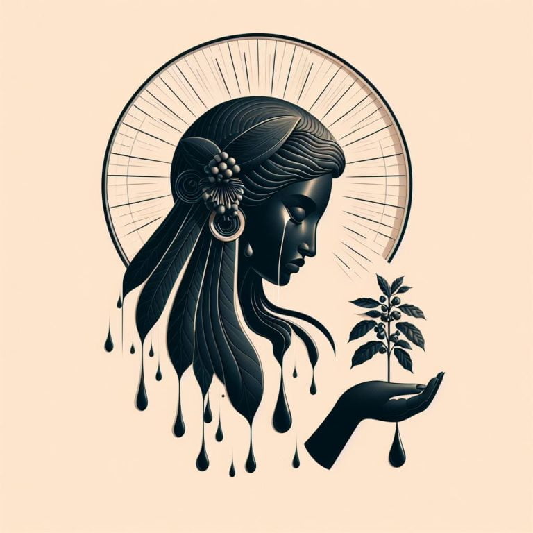 Illustration of a woman symbolizing the spiritual essence of coffee, with tears turning into coffee plants, representing the Oromo myth that coffee sprouted from the tears of their god Waaqa.