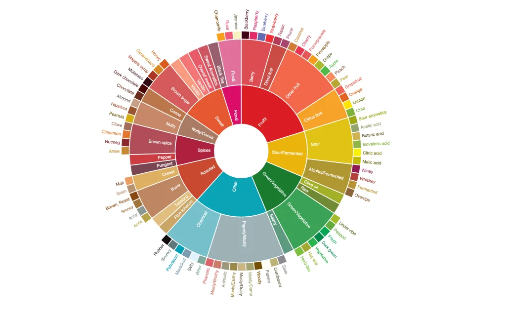 Coffee Flavor Wheel - A comprehensive chart that maps out the diverse flavor notes found in coffee, including categories like fruity, floral, nutty, roasted, and chemical.