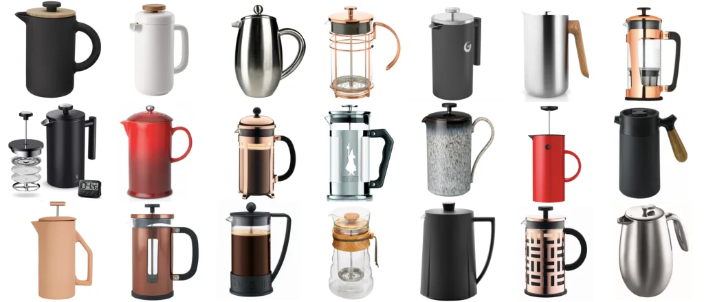 Collection of various French Press coffee makers in different styles, colors, and materials.