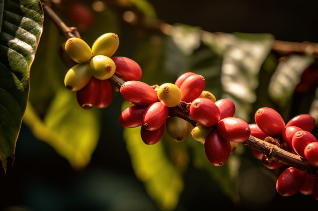 Close-up of ripe Typica coffee beans on a branch with green leaves in the background.