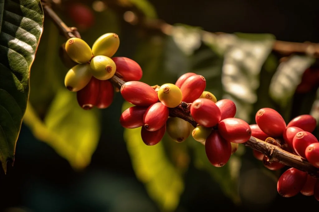 Close-up of ripe Typica coffee beans on a branch with green leaves in the background.