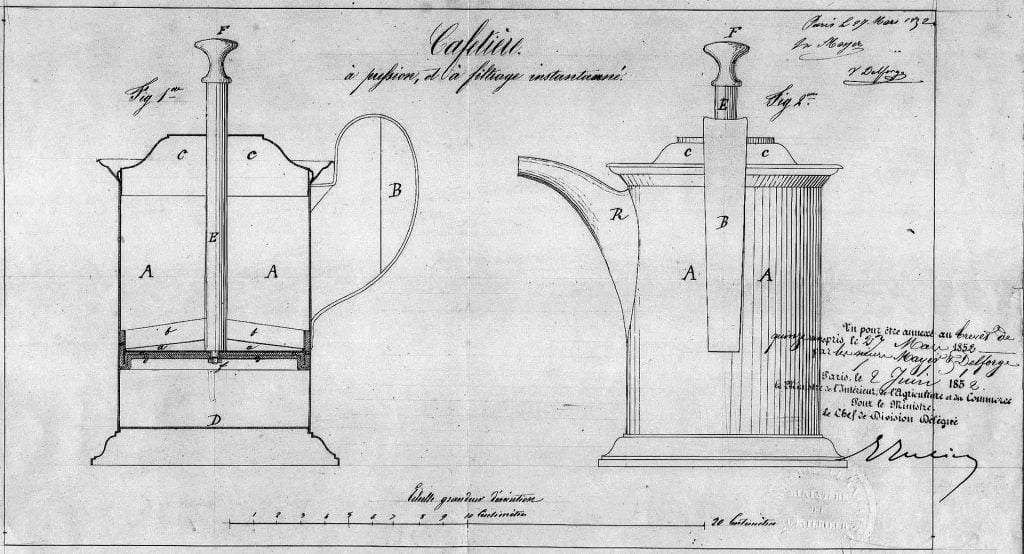 French Press là gì: Đơn Giản Nhưng Tinh Tế, Đậm Đà, Khó Quên 10 Bản vẽ bằng sáng chế kiểu cổ điển đầu tiên của một thiết bị pha cà phê với các chú thích chi tiết và chữ ký.