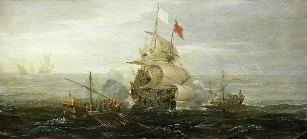 Hành Trình Anh Hùng Của Gabriel de Clieu: Khởi Nguồn Cà Phê Châu Mỹ 14 A painting by Aert Anthoniszoon depicting a French ship engaged in battle with Barbary pirates around 1615.