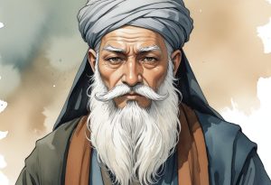 A detailed illustration of Baba Budan, an elderly man with a long white beard and a turban.