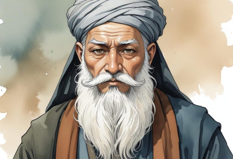 A detailed illustration of Baba Budan, an elderly man with a long white beard and a turban.