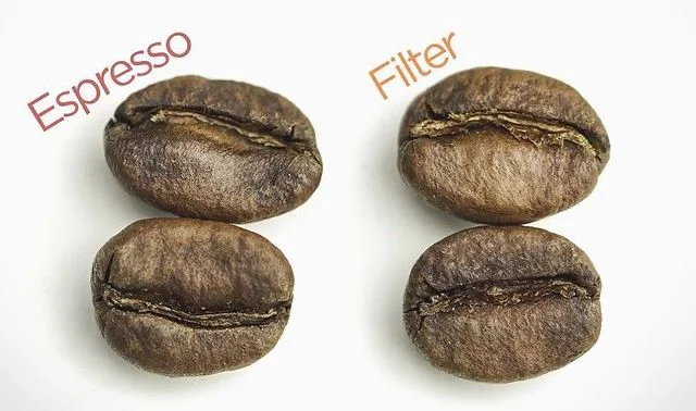 Beans for Espresso: Choosing Quality for Best Results 15 Close-up comparison of coffee beans roasted for espresso and filter brewing, showing differences in color and texture.