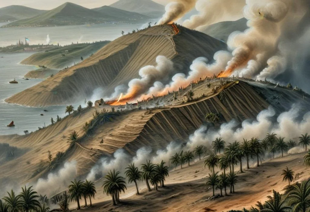 Hành Trình Anh Hùng Của Gabriel de Clieu: Khởi Nguồn Cà Phê Châu Mỹ 18 A historical painting depicting an earthquake and volcanic eruption in Martinique in 1727, with smoke and fire emanating from the volcano and surrounding landscape.