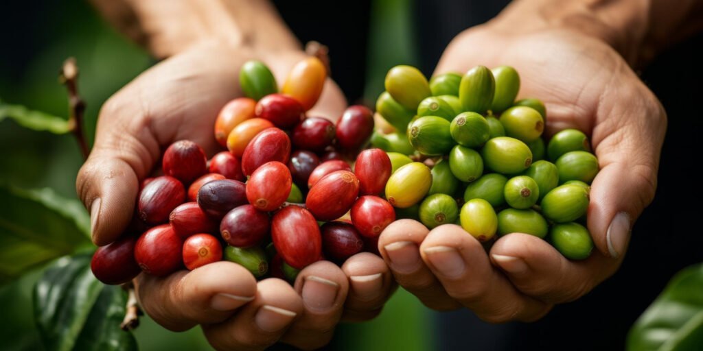 Hands holding ripe red and unripe green coffee beans.