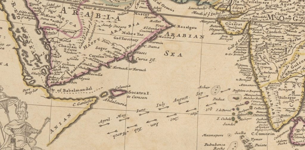 Baba Budan và Bảy Hạt Đậu Thần 15 A detailed historical map showing trade routes from the Arabian Peninsula, including the port of Mocha, to India.