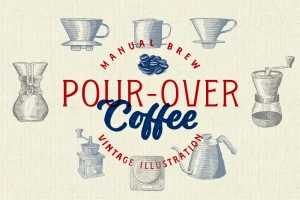 Vintage illustration of pour-over coffee manual brew equipment
