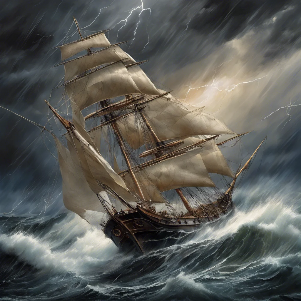 Hành Trình Anh Hùng Của Gabriel de Clieu: Khởi Nguồn Cà Phê Châu Mỹ 15 A dramatic painting of a large wooden sailing ship with billowing sails struggling against towering waves and fierce winds during a heavy storm, with a dark sky filled with storm clouds and lightning.