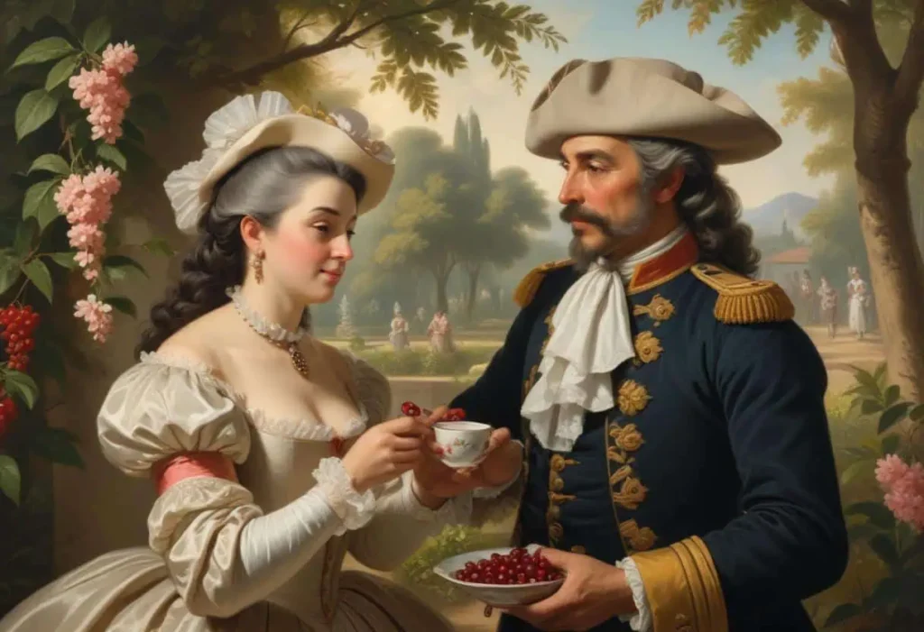 Francisco de Melo Palheta: Khởi Nguồn Của Cà Phê Brazil 19 Hình minh họa của Francisco de Melo Palheta và Madame Claude d’Orvilliers đang chia sẻ một tách cà phê trong một khu vườn.