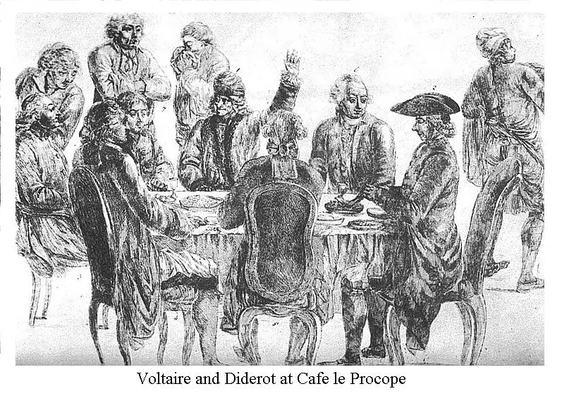 Hình minh họa lịch sử về Voltaire và Diderot tại quán cà phê Le Procope, được bao quanh bởi những khách quen khác.