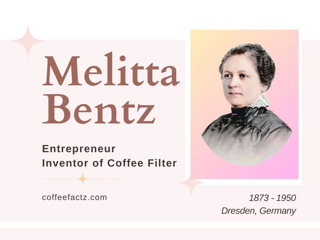 Portrait of Melitta Bentz, entrepreneur and inventor of the coffee filter, with text highlighting her contributions.