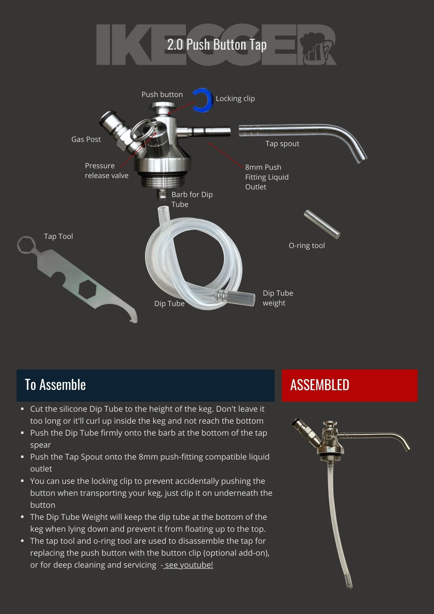 iKegger 2.0 Push Button Tap components and assembly instructions