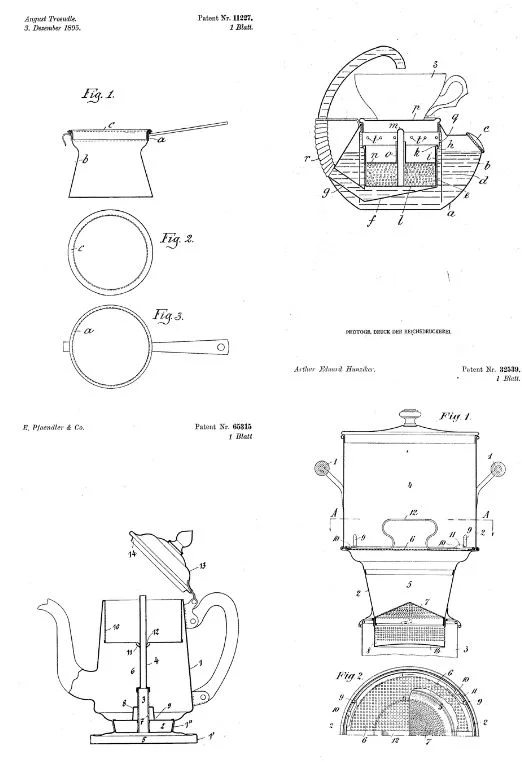 Illustrations of coffee-related inventions from 1892-1914, showing various designs and patents.