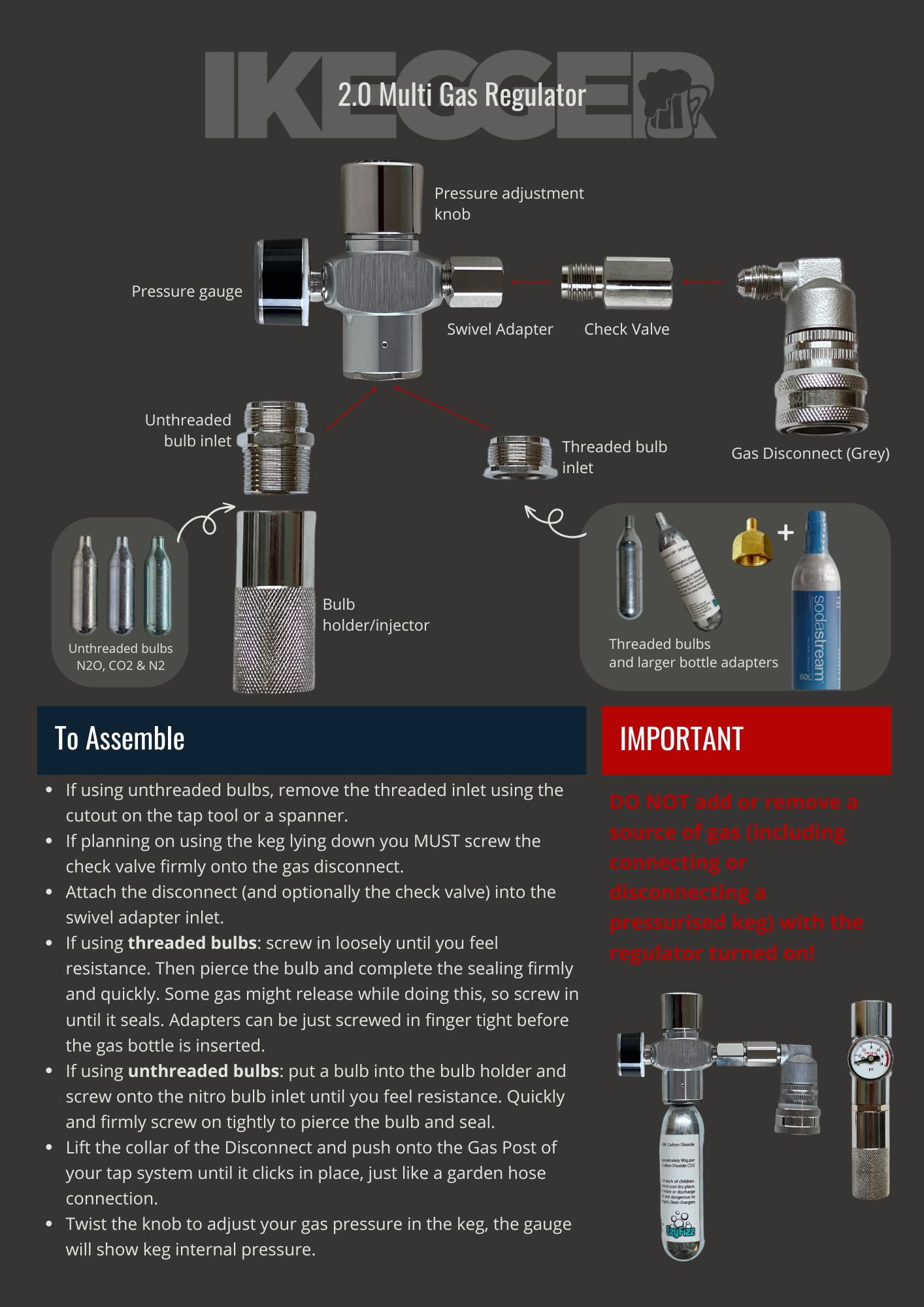 iKegger 2.0 Multi Gas Regulator components and assembly instructions