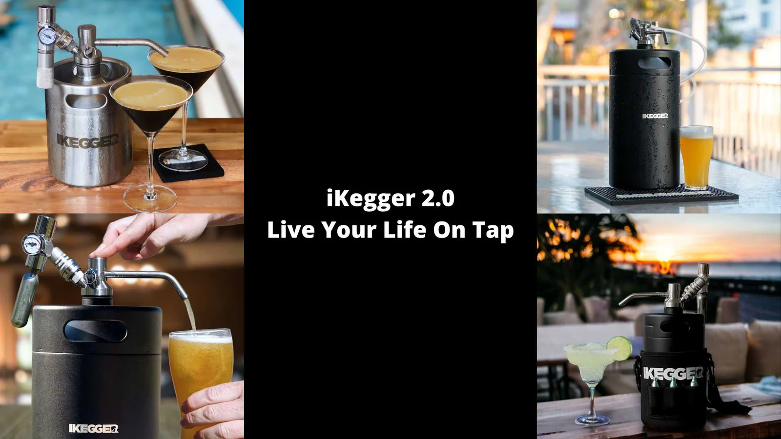 iKegger 2.0 portable draft system shown in various settings serving different beverages