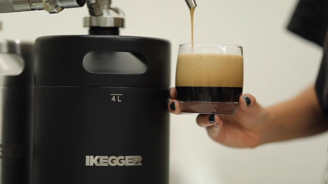 iKegger 2L keg dispensing nitro cold brew coffee into a glass