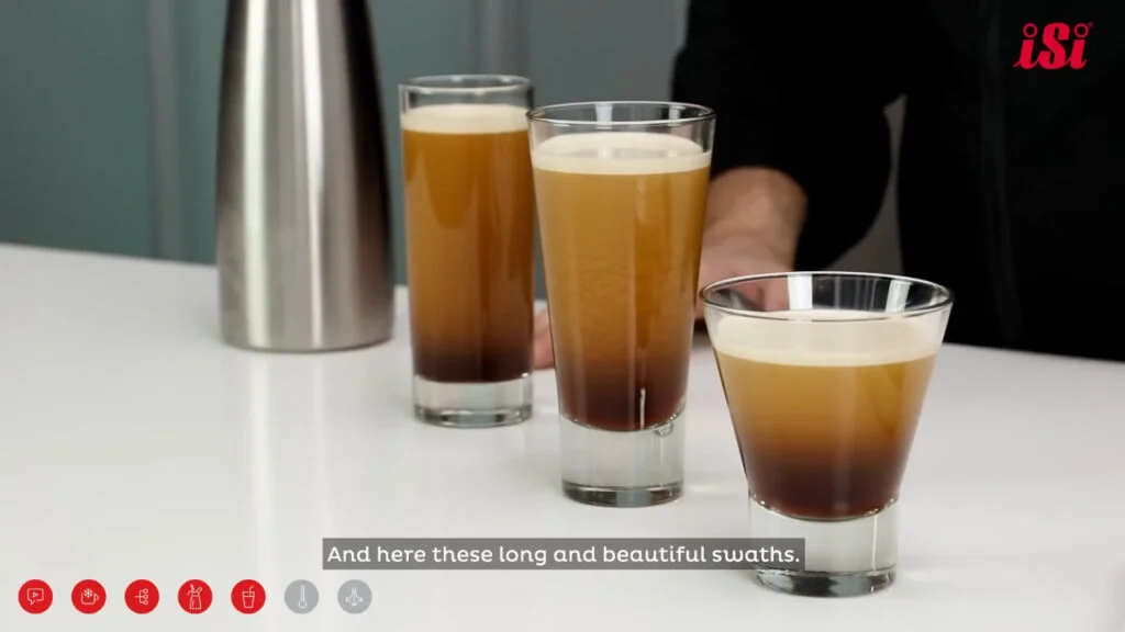 Three glasses of nitro coffee with cascading effect, featuring ISI Nitro system