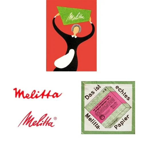 A collage highlighting the trademark registration of Melitta, featuring the prominent Melitta logo on packaging and a vintage advertisement.