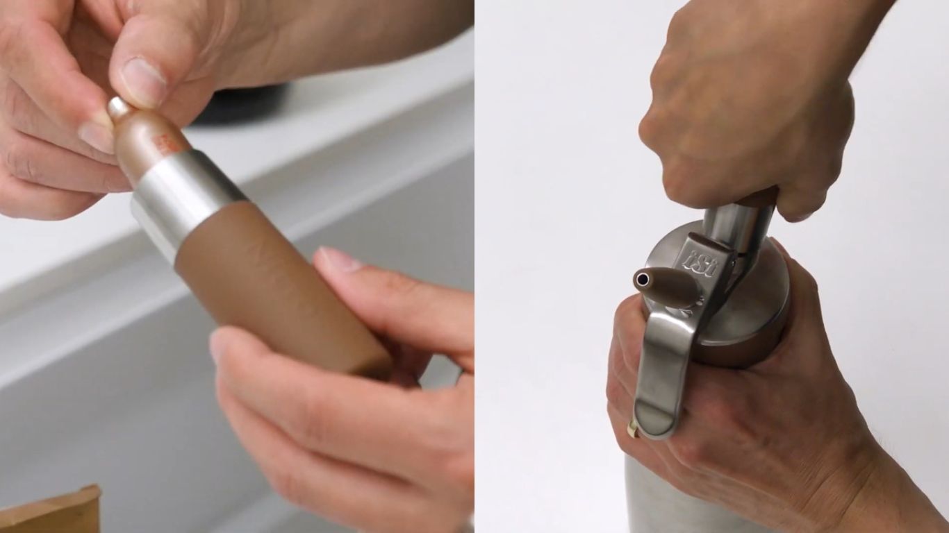 Inserting nitrogen charger into nitro coffee maker and attaching dispenser head