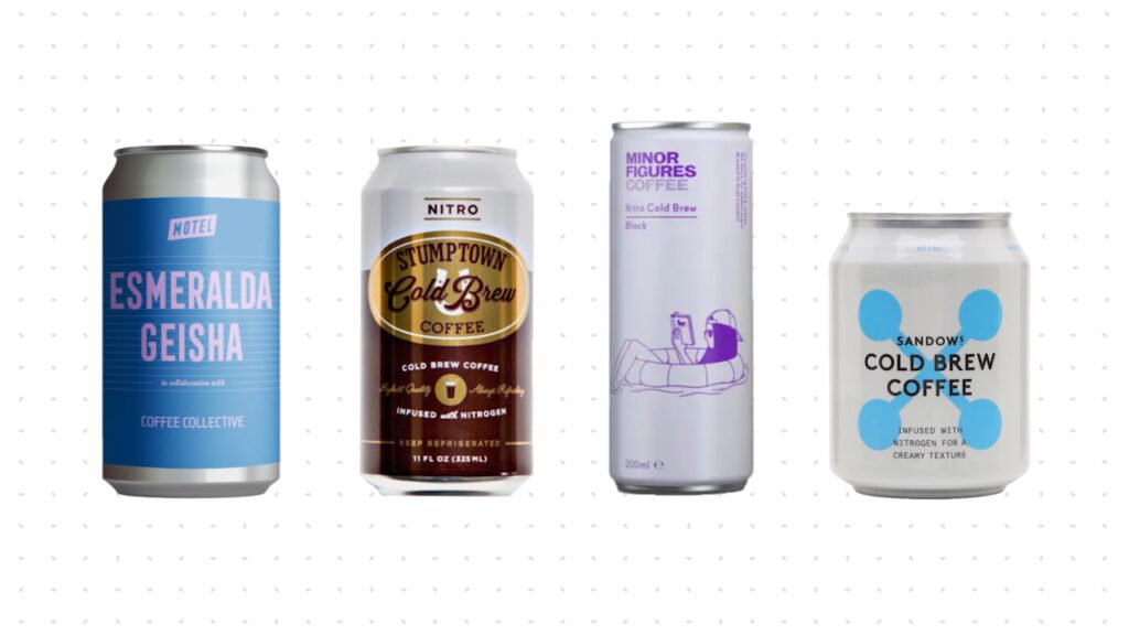 Bốn loại cà phê cold brew nitro đóng lon: Esmeralda Geisha, Stumptown, Minor Figures, và Sandows