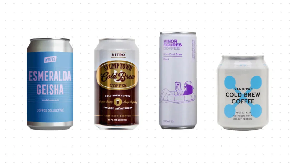 Four canned cold brew nitro coffee varieties: Esmeralda Geisha, Stumptown, Minor Figures, and Sandows