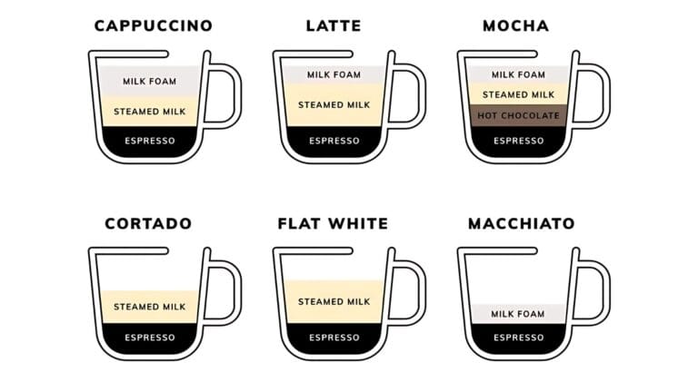 Infographic showing layer composition of six coffee drinks: Cappuccino, Latte, Mocha, Cortado, Flat White, and Macchiato, with their espresso, steamed milk, and foam ratios in cross-section view