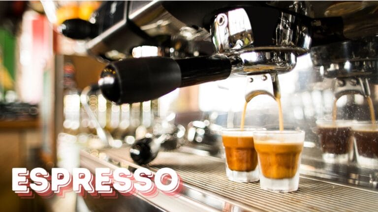 Professional espresso machine extracting a double shot of espresso into two clear glass cups, showing the golden crema forming on top with beautiful bokeh lighting effects in the background.