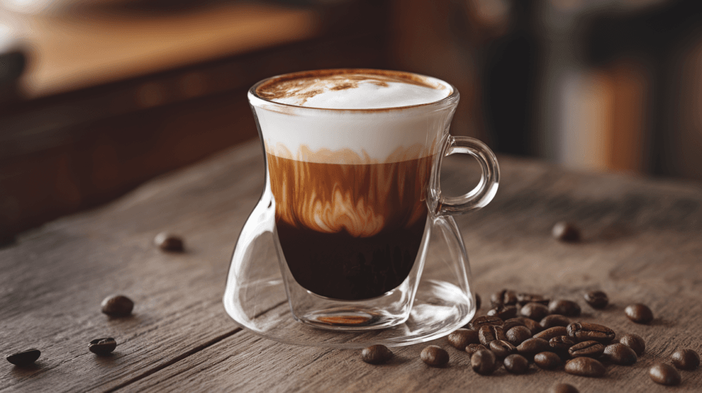 What is a Cortado? The Complete Guide to this Specialty Coffee Classic 9 A perfectly layered cortado coffee in a double-walled glass showing distinct layers of espresso, steamed milk, and foam, surrounded by coffee beans on a wooden table