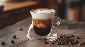 A perfectly layered cortado coffee in a double-walled glass showing distinct layers of espresso, steamed milk, and foam, surrounded by coffee beans on a wooden table