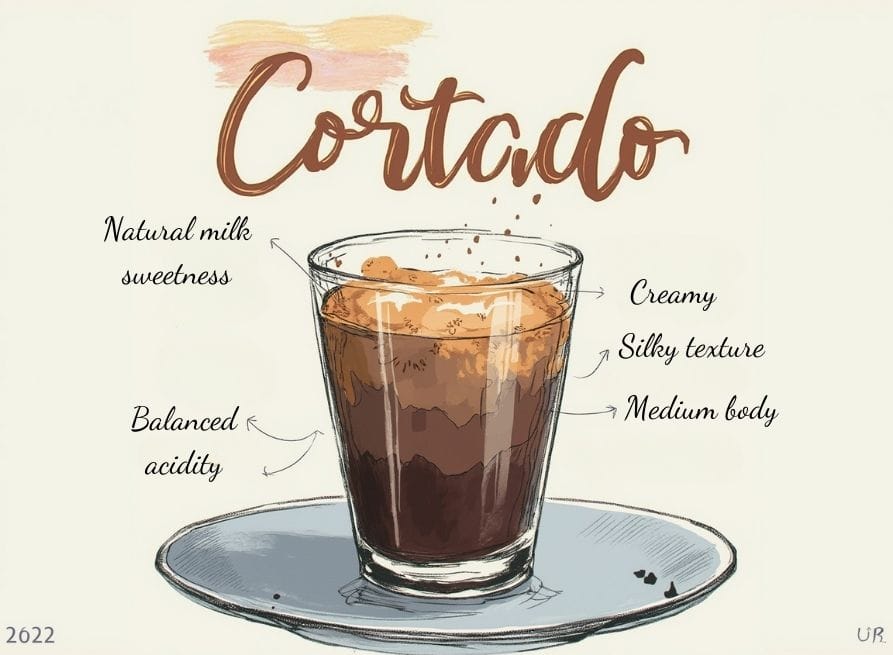 What Does a Cortado Taste Like: Balance of Espresso and Milk 6 Hand-drawn illustration of a cortado coffee showing labeled layers in a glass. The illustration includes annotations pointing to different cortado taste characteristics: natural milk sweetness, balanced acidity, creamy silky texture, and medium body. The word 'Cortado' appears in stylized brown lettering with watercolor accents above.