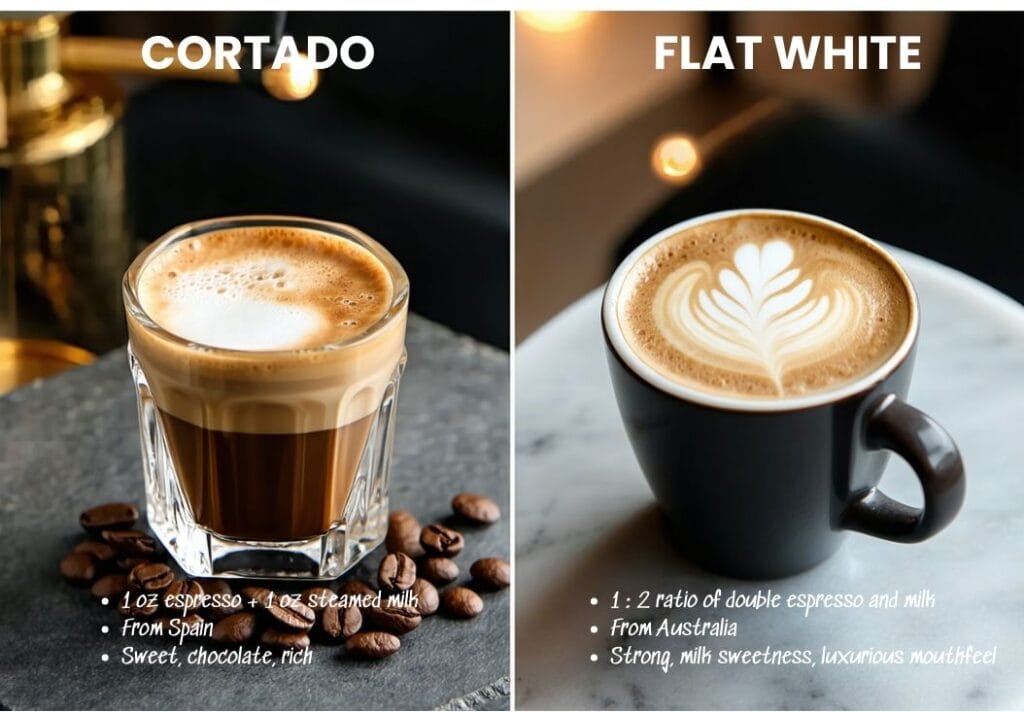 What Does a Cortado Taste Like: Balance of Espresso and Milk 8 Side-by-side comparison of cortado and flat white coffees: cortado in a Gibraltar glass with coffee beans, flat white in a black ceramic cup with latte art