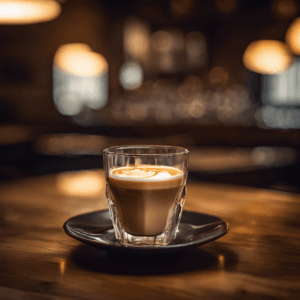 A perfectly crafted cortado coffee served in an octagonal Gibraltar glass, showing distinct layers of espresso and steamed milk topped with latte art, placed on a black saucer atop a wooden table in warm cafe lighting