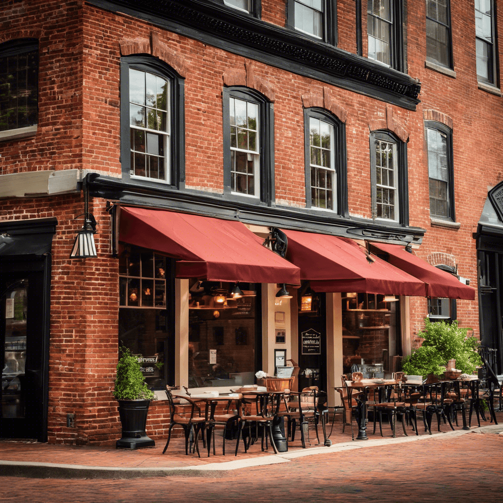 Exterior view of a historic red-brick coffee shop in Old Town Alexandria with outdoor seating area, classic window displays, and morning sunlight illuminating the entrance