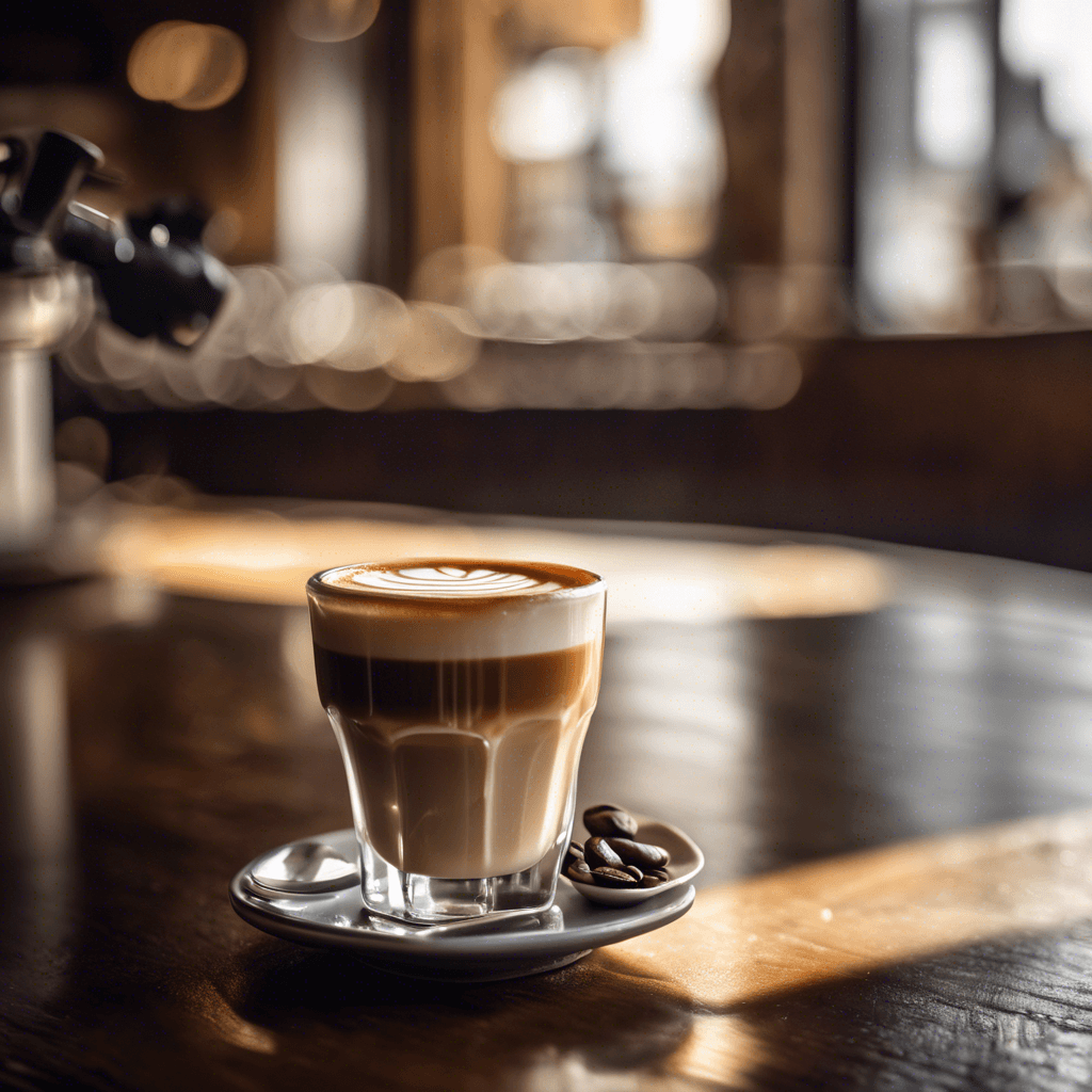 Alexandria's Ultimate Cortado Cafe & Coffee Shop Guide 2025 8 Artistic photograph of a cortado coffee in clear glass showing perfect layers, with rosetta latte art on top, placed on rustic wooden table with decorative coffee beans, vintage spoon, and warm sunlit brick cafe interior in background