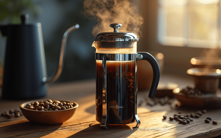 The Ultimate Guide to 12 Cup French Coffee Press Brewing 10 12 cup French press with freshly brewed coffee steaming on wooden table with coffee beans