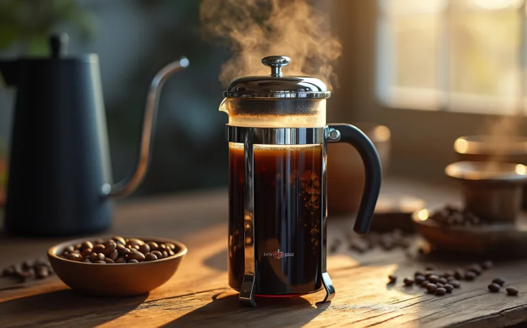 The Ultimate Guide to 12 Cup French Coffee Press Brewing 10 12 cup French press with freshly brewed coffee steaming on wooden table with coffee beans