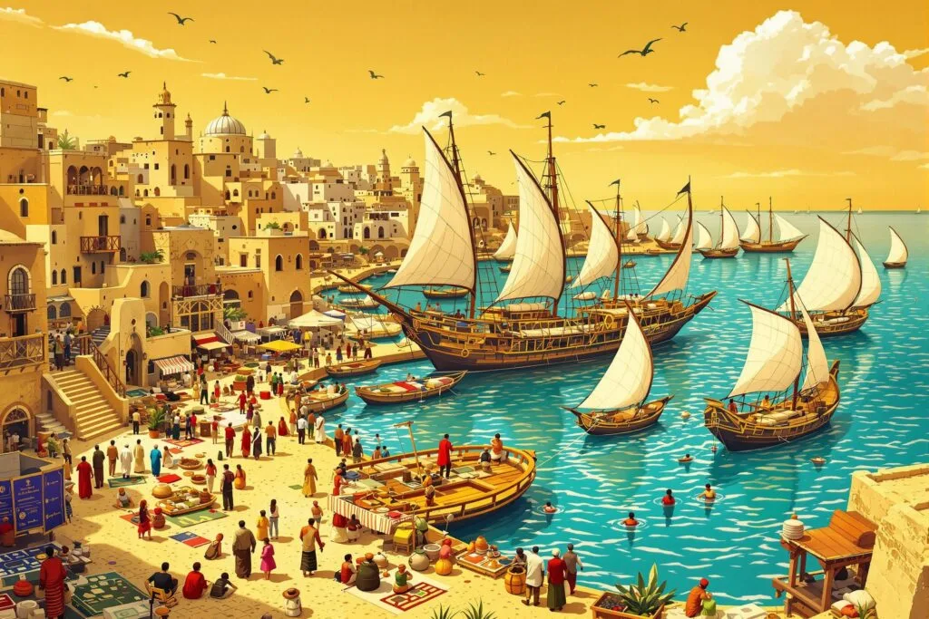 Historic Port of Al Mokha Yemen with trading ships and coffee merchants in golden sunset