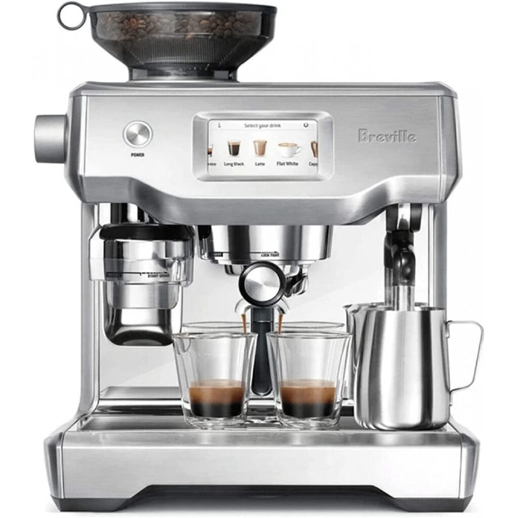 The Ultimate Coffee Maker Guide: From Basics to Pro Tips 2025 18 Breville Oracle Touch automatic espresso machine in brushed stainless steel featuring touchscreen display, integrated grinder, and professional steam wand