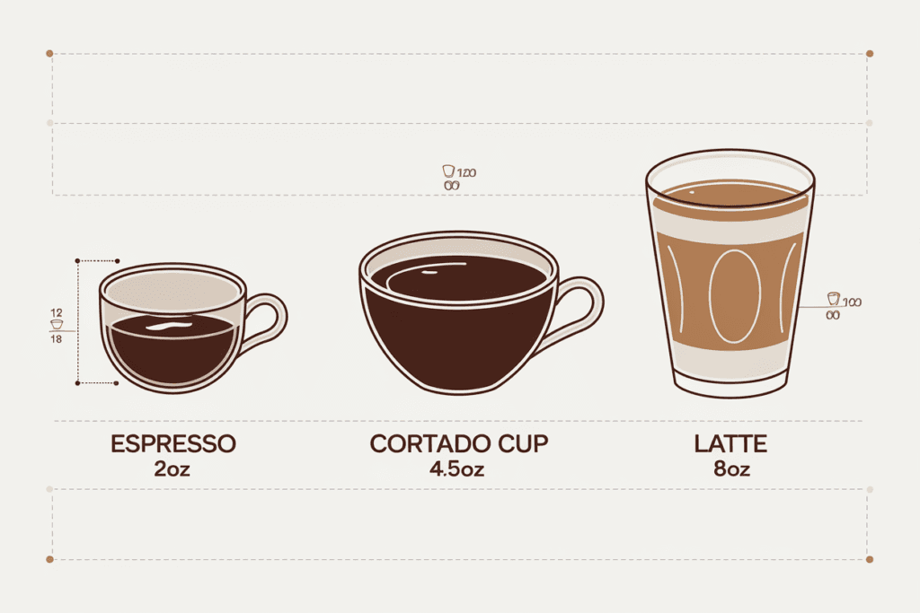 Finding Perfect Cortado Cup: A Journey Worth Taking 10 Coffee cup size comparison showing espresso (2oz), cortado cup (4.5oz), and latte glass (8oz) with measurements