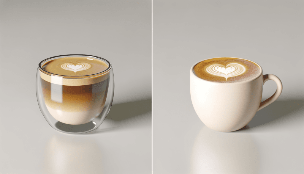 Finding Perfect Cortado Cup: A Journey Worth Taking 11 Side-by-side comparison of cortado served in double-walled glass cup and ceramic cup, both featuring heart latte art