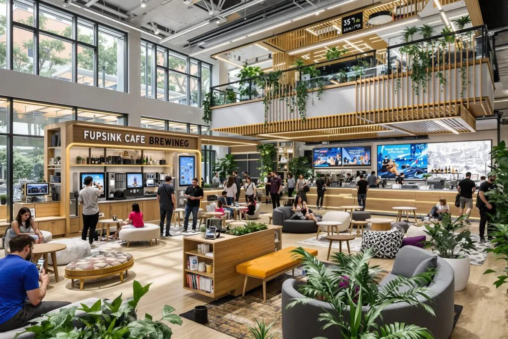 History of coffee shop industry: Truth About First Locations 10 Futuristic café concept with mobile ordering kiosks, personalized brewing stations, and vibrant community seating areas