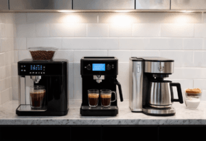 Modern home coffee maker machines featuring express maker, premium coffee machine and drip coffee maker on kitchen counter