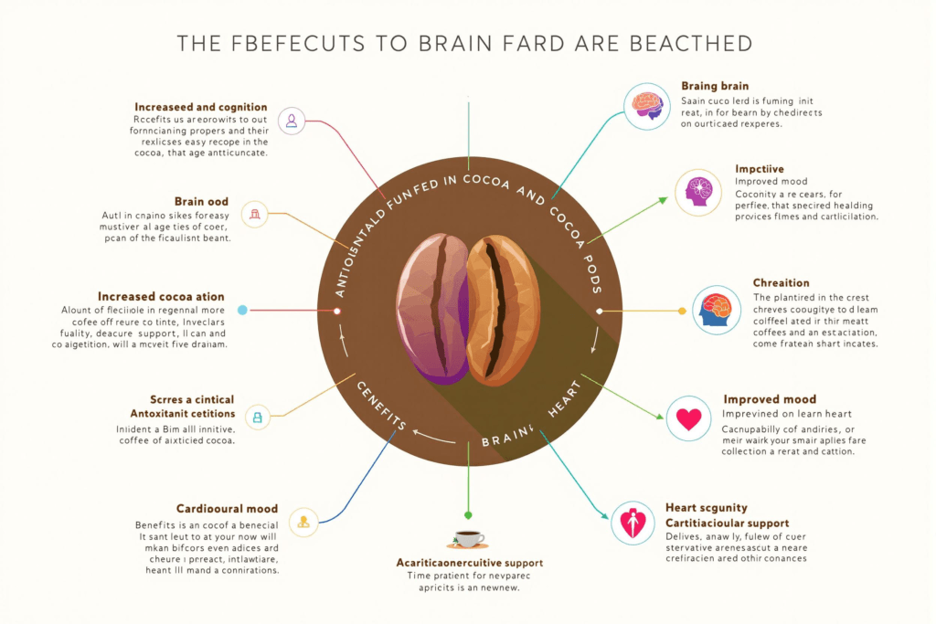 Infographic showing health benefits of mocha coffee with brain and heart benefits from cocoa and coffee antioxidants