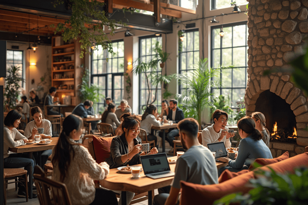 Nội thất quán cà phê ấm áp, hấp dẫn với sự kết hợp giữa thiết kế truyền thống và các tính năng công nghệ cao, mọi người thưởng thức cà phê quanh những chiếc bàn gỗ và cây xanh