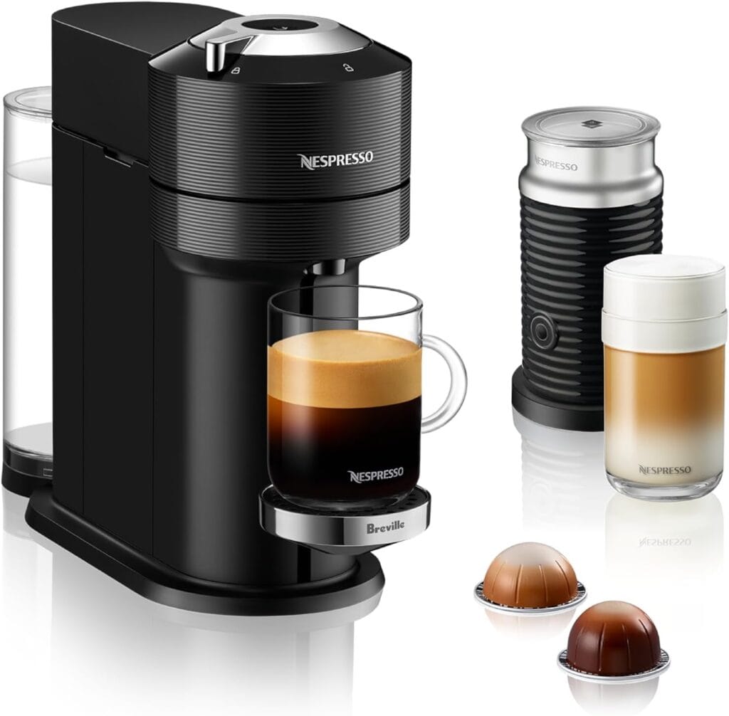 The Ultimate Coffee Maker Guide: From Basics to Pro Tips 2025 19 Nespresso Vertuo Next coffee machine in black with Aeroccino milk frother, showing espresso and latte drinks with Vertuo capsules