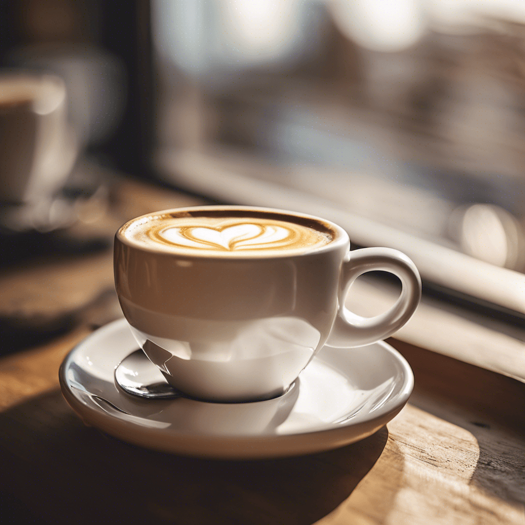 Traditional flat white coffee in white ceramic cup featuring heart latte art, served on wooden table in natural morning light, demonstrating the origin of the flat white's signature style